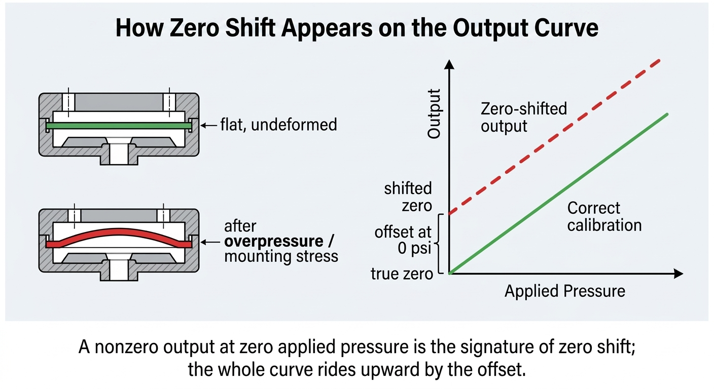 Pressure sensor troubleshooting diagram showing zero shift on the output curve