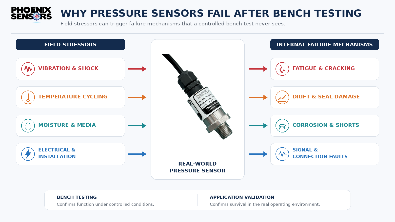 diagram of pressure sensor failure causes mapping field stressors to internal failure mechanisms
