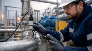 pressure sensor failure causes shown as a technician inspecting a transducer installed on industrial piping