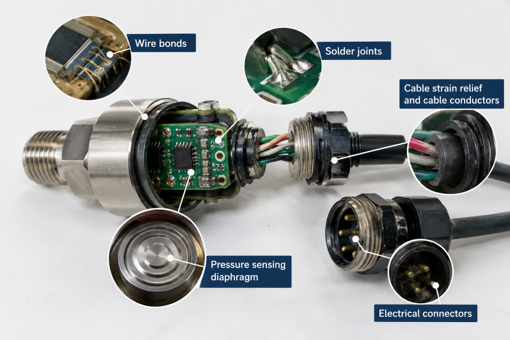 Pressure sensor vibration failure points including wire bonds, solder joints, electrical connectors, cable conductors, strain relief, and sensing diaphragm