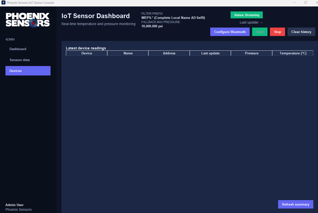 WEXS-BLE-DSKTP devices screen listing latest readings per sensor