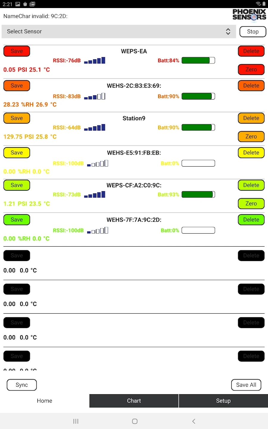 WEXS-10 home screen showing live sensor readings