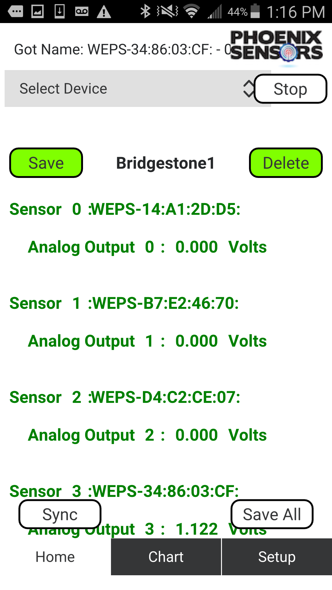 WEXS-BLE-AN home screen showing channel voltages