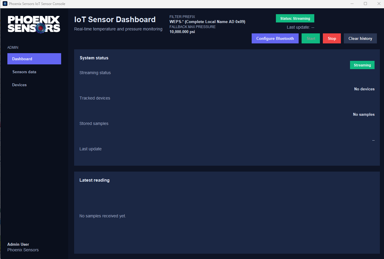 WEXS-BLE-DSKTP dashboard showing system status and latest reading