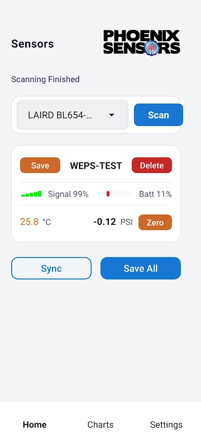 WEXS Pro home screen showing live sensor readings