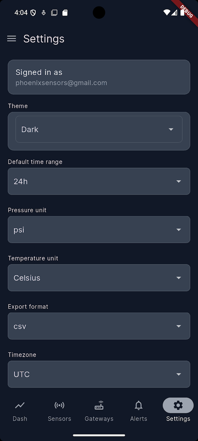 Monsense settings screen