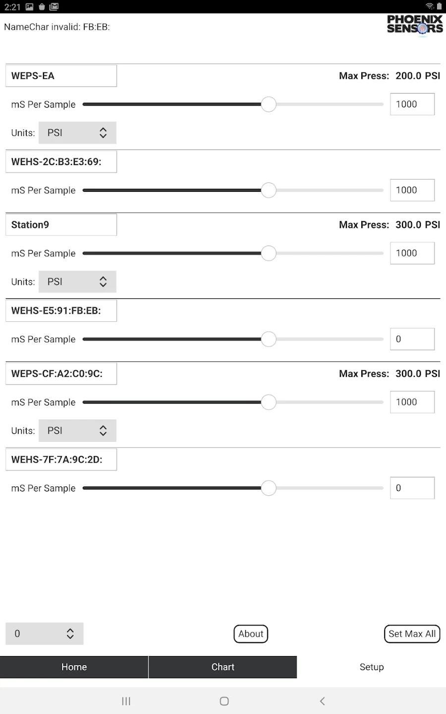 WEXS-10 sensor setup screen