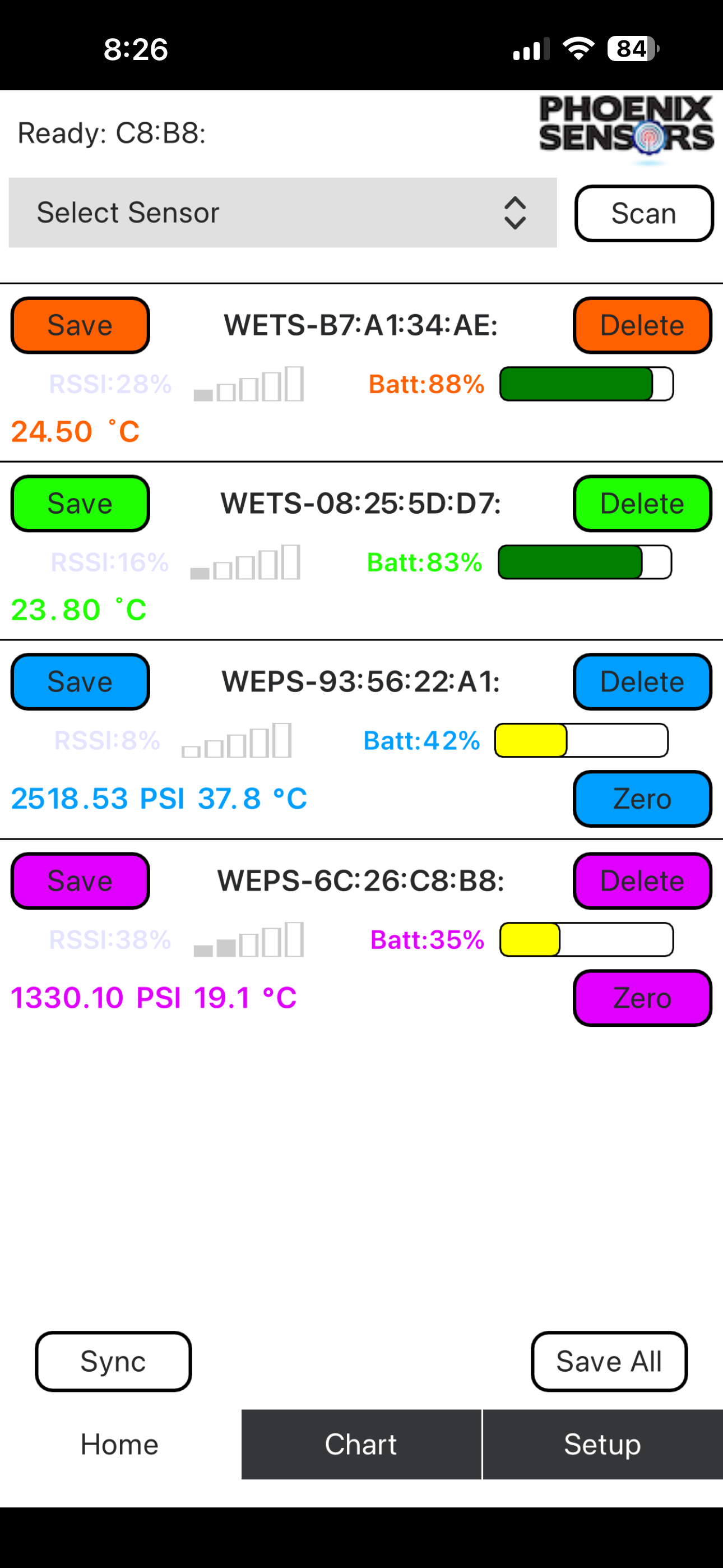 WEXS home screen showing live sensor readings
