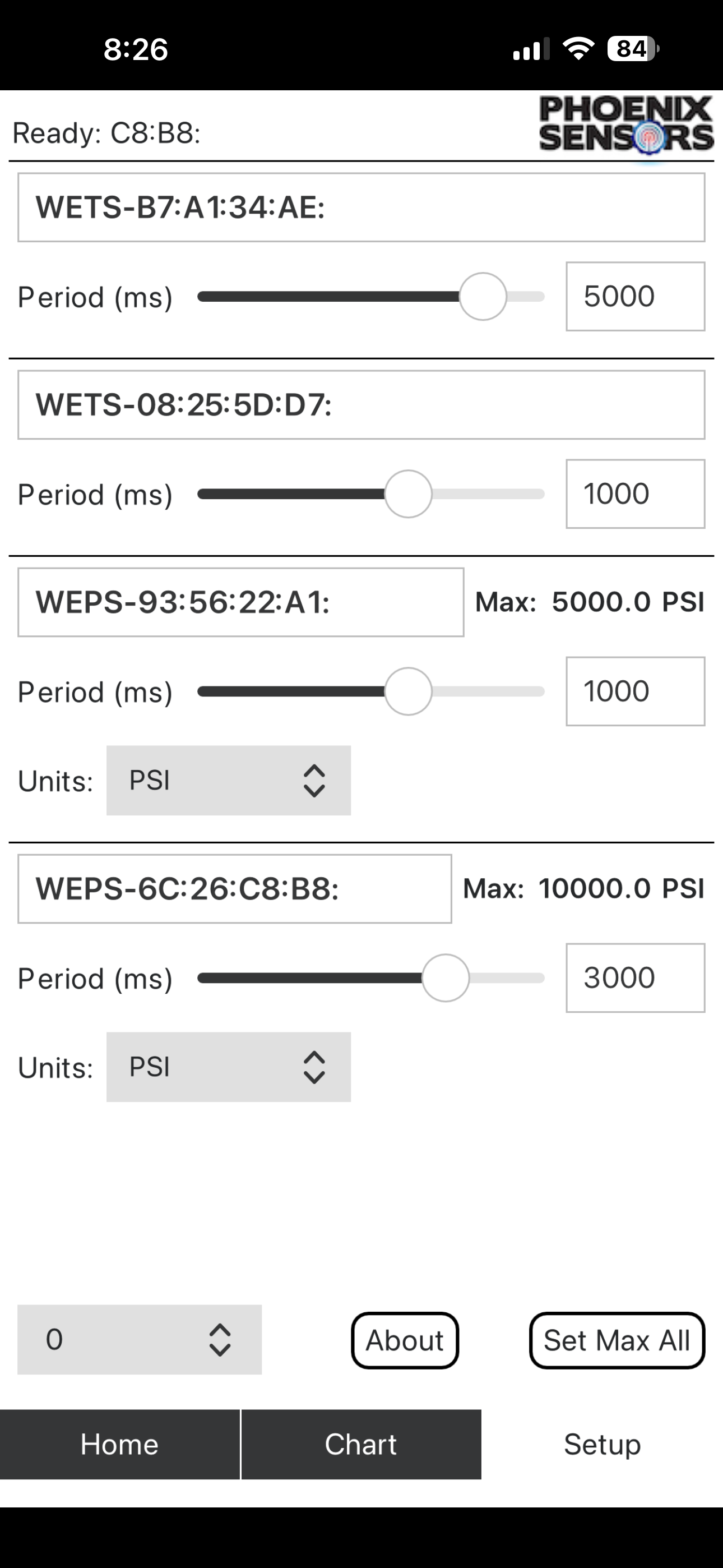 WEXS sensor setup screen